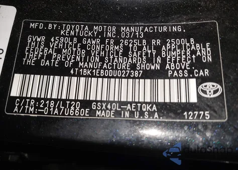 2013 Toyota Avalon Xle Touring from USA, damaged, VIN 4T1BK1EB0DU027387